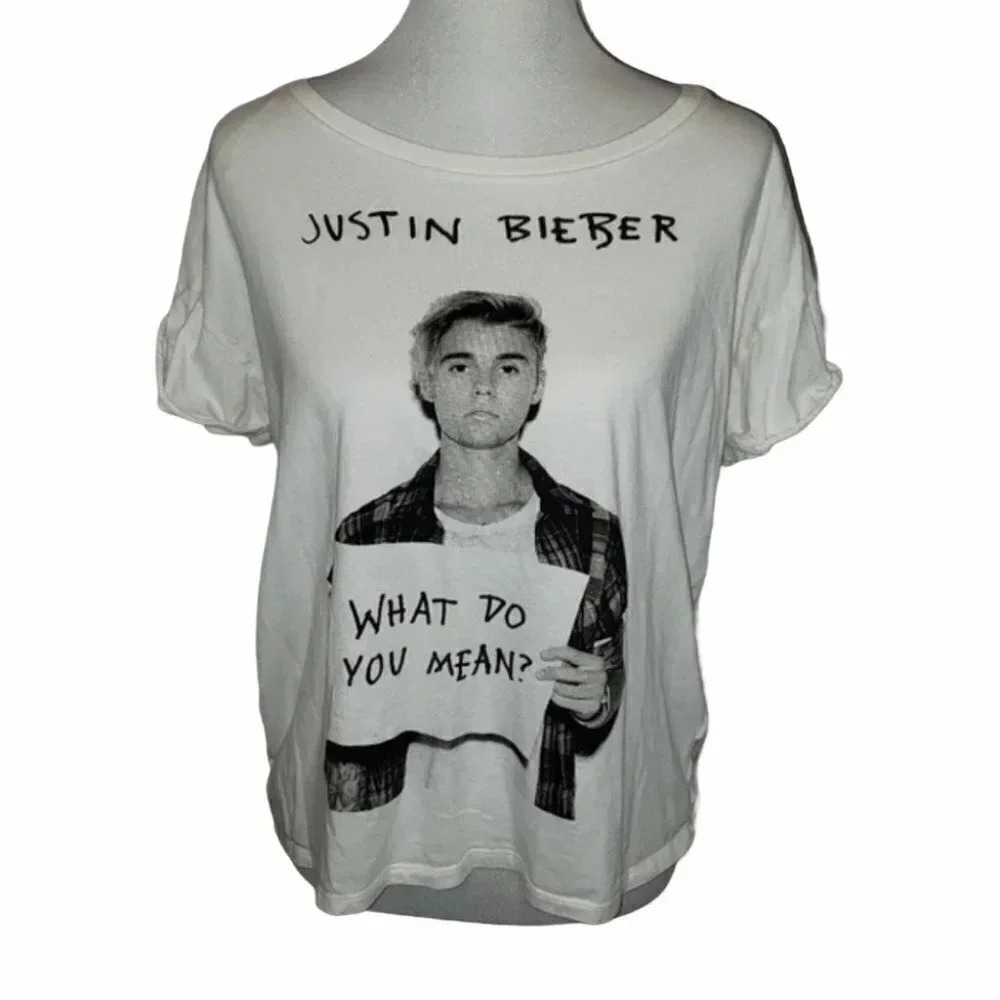 H&M Divided Justin Bieber Tee M White Graphic What Do You Mean Cuffedโ Sleeve